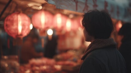 Fototapeta premium Person standing in front of a market stall with red lanterns hanging from the ceiling. the person is facing away from the camera, with their back towards the camera.