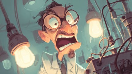 Angry Scientist Man with Glasses Surrounded by Light Bulbs in Laboratory