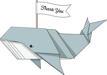 Simple clean vector of origami whale carrying tiny thank-you flag for cute gratitude themed designs