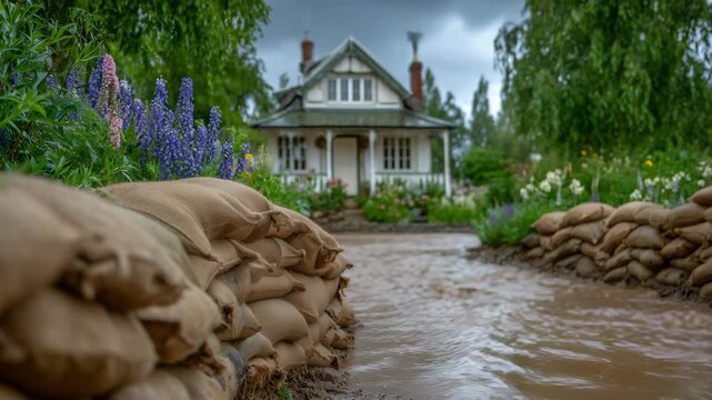 Rain-soaked ground and muddy reflections around a home defended by rows of sandbags, symbolizing readiness and human perseverance