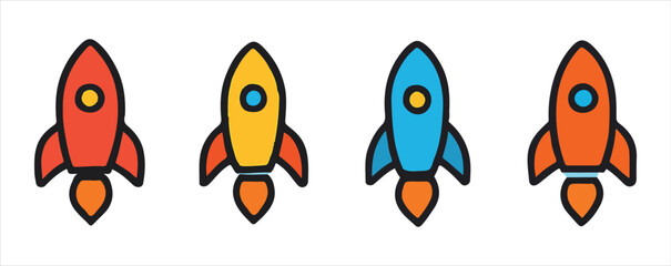 Set of Four Colorful Hand Drawn Cartoon Rockets in a Row