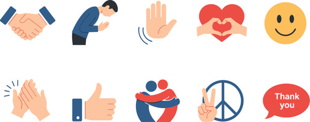 Flat 2D thank-you icons showing handshake, bowing, waving, heart hands, smile, clapping, thumbs-up, hug, peace, bubble