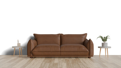 3D Render a brown leather couch sitting on top of a hard wood floor