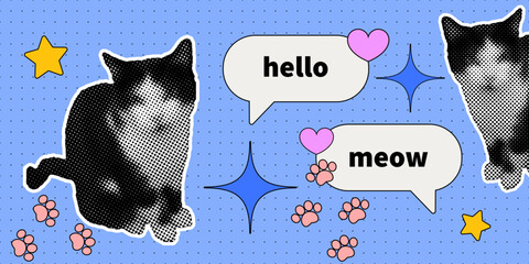 Playful cat collage illustration with halftone style a Y2K pop-art mood. Ideal for meme-style posters, quirky stickers, and fun digital design projects