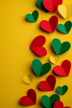 A vibrant yellow scene decorated with scattered red and green hearts expresses Juneteenth pride and solidarity.