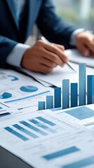 A hand is shown pointing at a rising stock market graph with clear indicators of growth and financial success during a trading session
