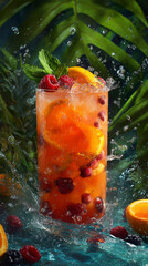 Refreshing summer colorful orange cocktail in rainforest foliage, iced drink with citrus and mint. Generative AI image