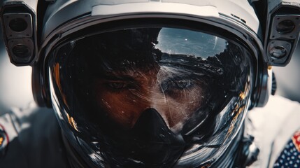 Closeup of Male Pilot Wearing Helmet and Visor with Intense Focus in Cockpit