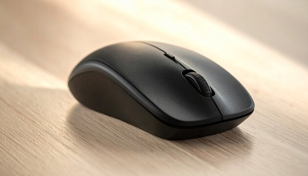 Black wireless computer mouse with scroll wheel on light wooden surface