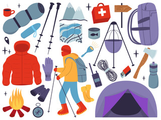 Mountaineering equipment for climbing and hiking flat set. Climbing gear equipment vector set