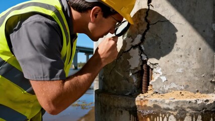 Technician inspecting a bridge support column during dry season evaluating cracks and surface wear for structural integrity under bright sunlight.
