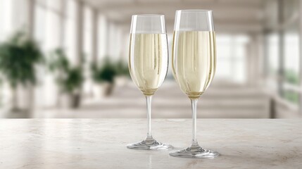 Pair of champagne flutes filled with sparkling wine in modern interior. 50th anniversary toast concept, romantic celebration, luxury milestone