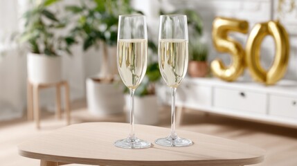 Two champagne glasses on wooden table with golden 50 balloons in background. 50th anniversary home celebration, elegant festive atmosphere, lifestyle concept