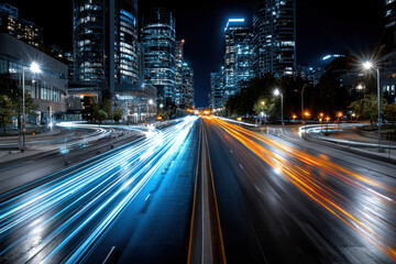City highway at night with light trails