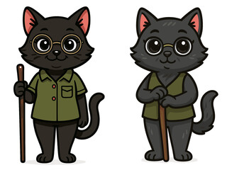 Obraz premium Two cartoon cats wearing glasses and holding walking sticks, dressed in different outfits, in a light-hearted scene
