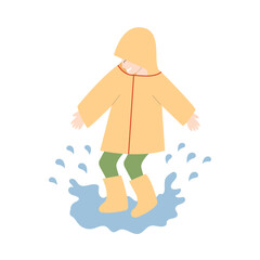 Child is jumping happily in a puddle. Child in raincoat and rubber boots playing in  puddle flat vector illustration