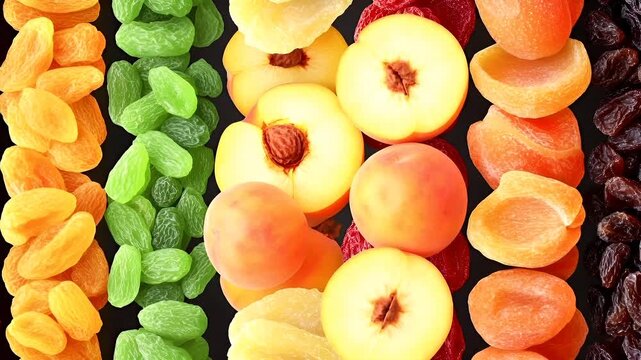 A closeup view of a variety of dried fruits and gummy candies. The fruits are arranged in a grid pattern, with each type of fruit clearly visible.