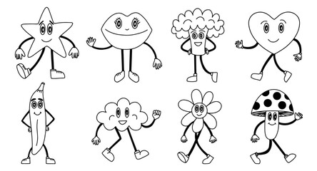 Cartoon mascots sketch set. Star, heart, lips, banana, mushroom, flower and cloud characters