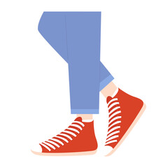 High-top sneakers vector flat illustration. Legs wearing jeans and red sneakers