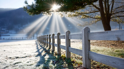 Frosty landscape with wooden fence illuminated by sunlight rays, creating a serene atmosphere in a winter setting, showcasing nature's beauty and tranquility