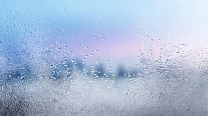 Close-up view of a frosted glass window with water droplets, creating a blurred background of soft pastel colors, evoking a serene and tranquil atmosphere
