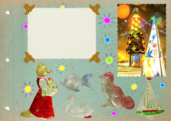 Page from an old photo album for stories. Photo album layout with empty photo frames. Scrapbooking composition with a Christmas and New Year theme. Festive design. Old Christmas toys cardboard.