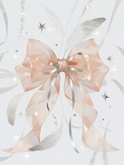 Naklejka premium Elegant light and silver transparent ribbon bow, adorned with sparkling stars and sheer texture decoration accessories 