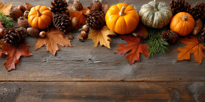 An autumn border of pumpkins, leaves, and pinecones set on weathered wooden planks - Powered by Adobe