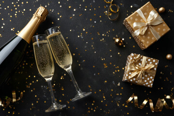 An elegant overhead arrangement displays champagne, glasses, a gift box, and shimmering decor set atop a dark, celebratory background.