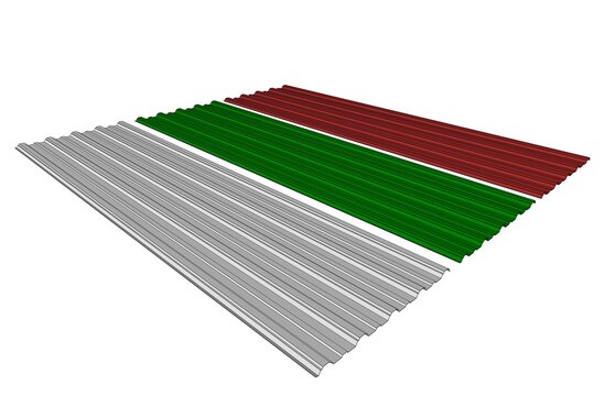Rendered image depicting three distinct, angled sheets of corrugated roofing material, often used in construction for roofing and cladding. Related to construction materials, industrial products