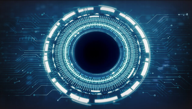 Cyber Eye: An intricately designed digital eye, pulsating with neon-blue energy, its iris-like core at the heart of a futuristic technology concept. - Powered by Adobe