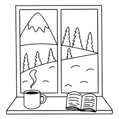 Window with winter landscape vecto sketch. Hand drawn coloring page with window veiw