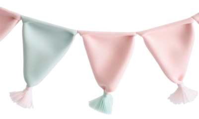 Pastel pennant flags are arranged in a row on a transparent background. These flags can be used for parties and celebrations. The colors include soft pink and light blue