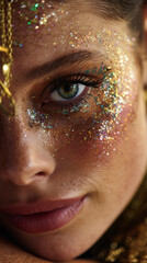 Portrait of woman with glitter 'goddess complex' makeup, vertical beauty shot. Generative AI image