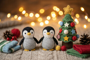 A cute couple of handmade knitted penguin toys holding hands in a cozy Christmas scene with a felt tree and warm bokeh lights in the background.