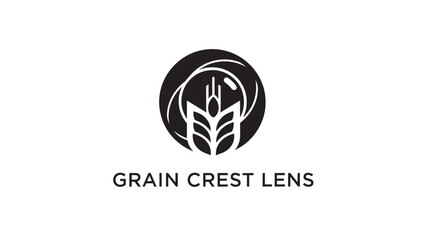 A minimalist black and white logo featuring a stylized wheat design within a circle, accompanied by the text 'Grain Crest Lens' in a clean, modern font on a white background