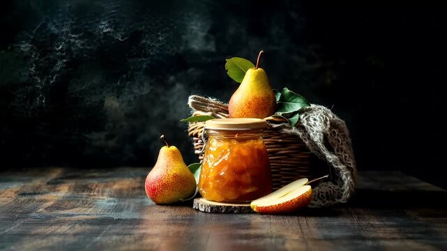 A still life photograph featuring a pear and a jar of jam. The pear is the main subject.