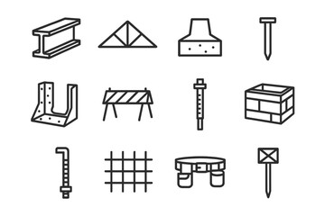 Construction Icons Array. Structural Construction Elements linear set: girder piece, support truss, foundation block, framing nail, beam connector, site barrier, leveling rod,