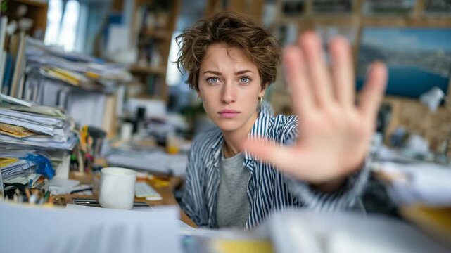 Woman at workplace raising hand toward camera in a firm stop motion, cluttered desk with documents and coffee cup, tension visible on face, burnout prevention concept