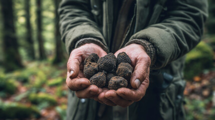 Professional truffle hunter holding fresh truffles in hand in forest background with natural light. Generative AI image