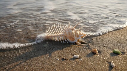 Venus comb murex seashell partially covered by gentle ocean wave