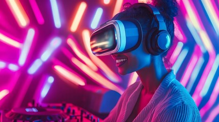 Woman wearing virtual reality headsets engaged in immersive digital experience