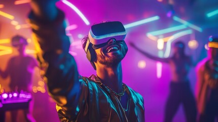 Man wearing virtual glasses in front of an engaged crowd at a technology event