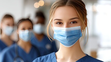 A healthcare worker stands confidently in a medical facility, surrounded by colleagues, all dressed for their duties