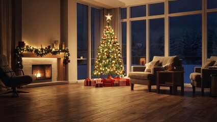 A beautifully decorated Christmas tree stands in a modern living room with large panoramic windows overlooking a snowy night. Soft warm lights, a glowing fireplace, and neatly wrapped presents create 