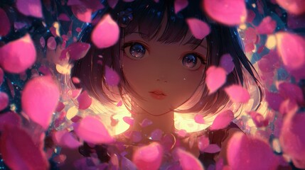 Anime Style Girl Surrounded by Pink Petals with Soft Lighting and Dreamy Atmosphere