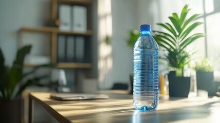 Bottle of water placed on a table in a bright indoor setting with natural light