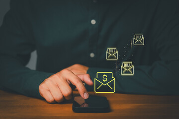 Digital bill payment reminder concept with envelope icons on a smartphone, representing online billing, mobile payments, expense management, financial notifications, and modern fintech solutions.