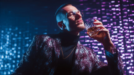 Man holding a glass of whiskey while looking at camera. Modern bar setting with colorful lights in background. Concept for nightlife, entertainment, beverage industry