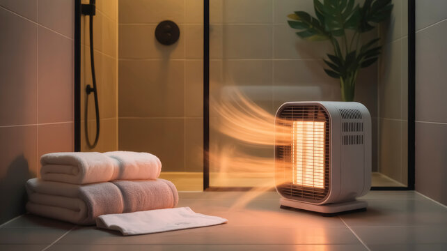 An electric heater emits warm air in a bathroom setting with towels neatly stacked on the floor. The shower area is seen in the background with a plant adding to the decor